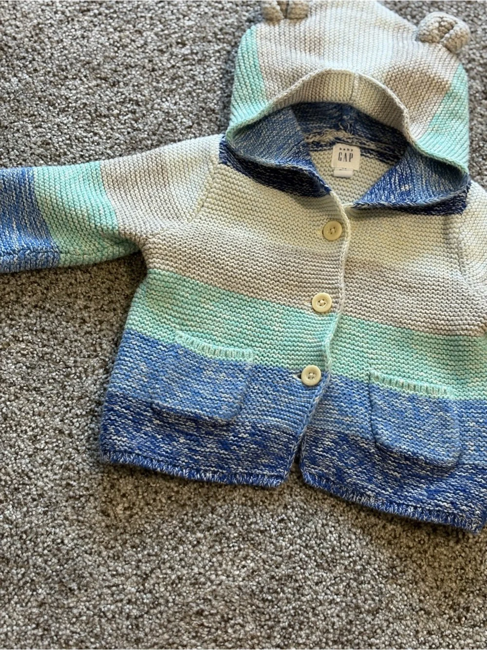 GAP 100% Cotton Striped Hooded Knit Cardigan - Blue, Mint & Cream